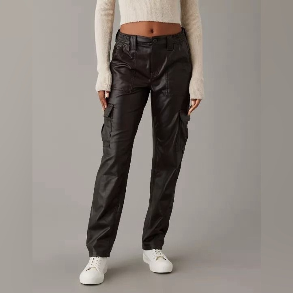NWOT AE High-Waisted Vegan Leather Straight Cargo Pants size 2L 32" tall inseam
